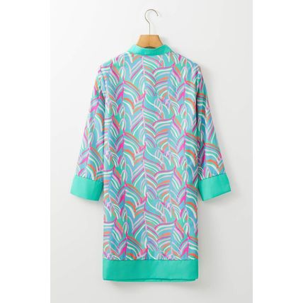 Green Abstract Print Split Neck Bracelet Sleeve Shift Dress