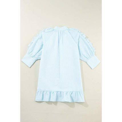 Myosotis Seersucker Ruffled Puff Sleeve Stand Neck Mini Dress