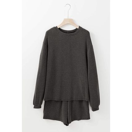 Carbon Grey Corded Knit Long Sleeve Top and High Waist Shorts Set