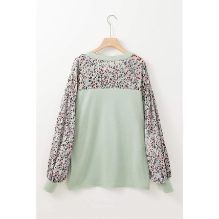 Meadow Mist Green Contrast Printed Bubble Sleeve Henley Loose Top with Slits