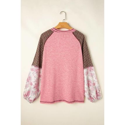 Fushia Mixed Print Patchwork Raglan Ribbed Knit Top