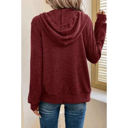 Red Dahlia Ribbed Zip Up Front Drawstring Hoodie