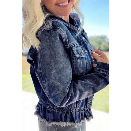Navy Blue Ruffle Raw Hem Flap Pockets Denim Jacket