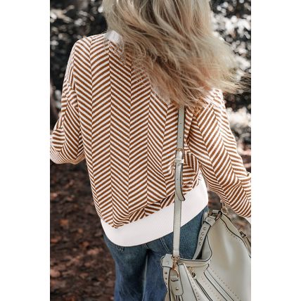 Coffee Contrast Edge Crew Neck Drop Shoulder Sweater