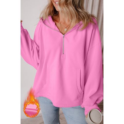 Bonbon Fleece Lined Half Zipper Kangaroo Pockets Loose Hoodie