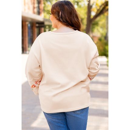 Beige Plus Size Flower Patched Side Slits Crewneck Top
