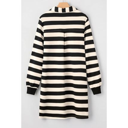 Black Stripe Collared V Neck Long Sleeve Loose Casual Dress