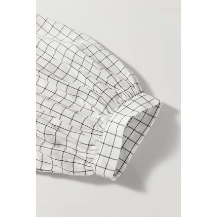 White Stripe Checkered Frilled V Neck Bracelet Sleeve Babydoll Dress