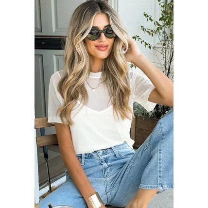 White Solid Color Sheer Mesh Patchwork Short Sleeve Top