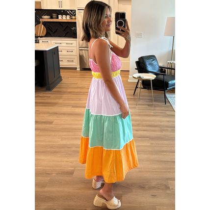 Multicolour Colorblock Self-tie Straps High Waist Flowy Maxi Dress with Pockets