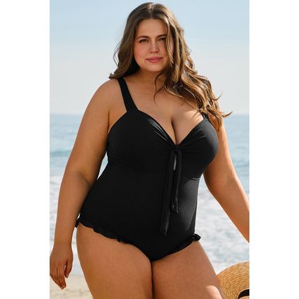 Black Plus Size Textured Knotted Ruffled Trim One Piece Swimwear