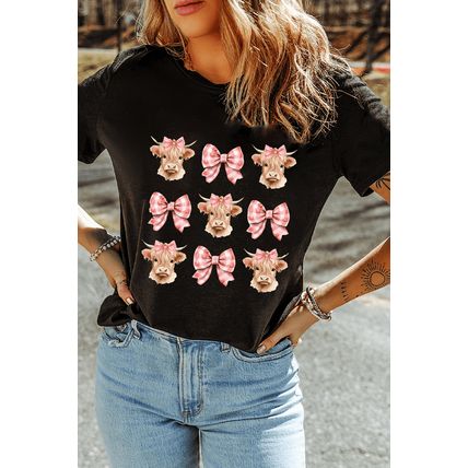 Black Cow with Bow Graphic Crewneck Western Tee