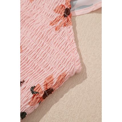 Pink Floral V Neck Smocked High Waist Ruffle Hem Long Dress