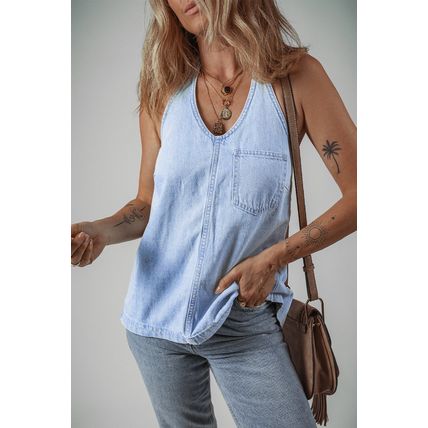 Beau Blue Knotted Open Back Halterneck Denim Tank Top