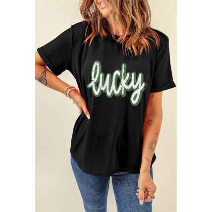 Black St Patricks Day lucky Cracked Letter Graphic T Shirt