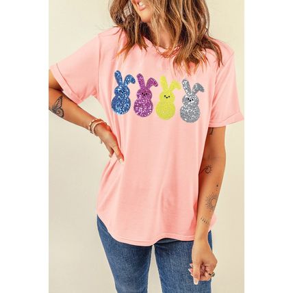 Pink Sequin Cute Bunny Graphic Easter Fashion Tee