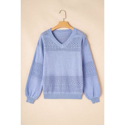 Sky Blue Eyelet Pattern Detail V Neck Drop Shoulder Sweater