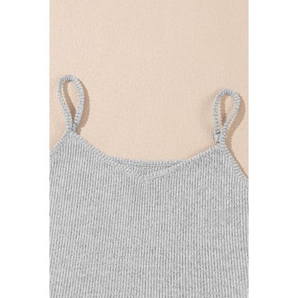 Light Grey 3 Pieces Rib Crop Camisole Matching Shorts Lounge Set with Cardigan