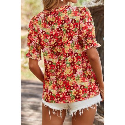 Red Floral Bubble Sleeve Pleated V Neck Wrap Blouse