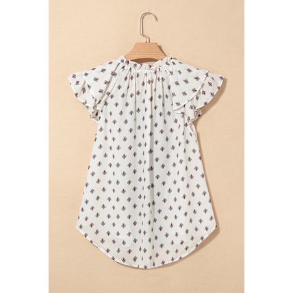 White Boho Pattern Tiered Ruffled Sleeve V Neck Buttoned Blouse