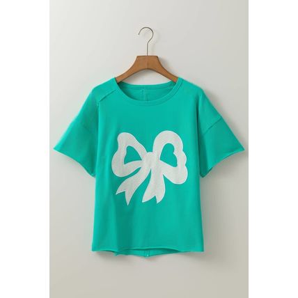 Sea Green Lace Bow Raw Edge Drop Shoulder Casual T Shirt