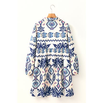 Blue Ethnic Print Striped Split Neck Long Sleeve Flowy Mini Dress