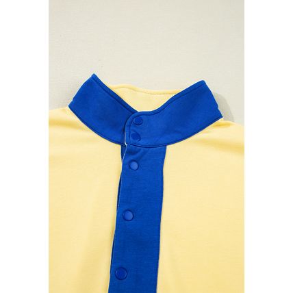 Yellow Color Block Patchwork Half Button Pullover and Shorts 2pcs Outfit