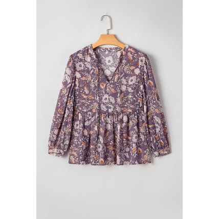 Blue Boho Flower Print 3/4 Sleeve Babydoll Blouse