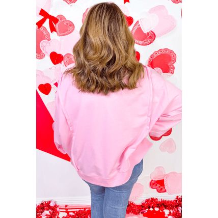 Pink Big Bow Lace Embroidered Dolman Sleeve Slit Plus Size Sweatshirt