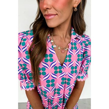 Pink Geometric Floral Print V Neck Ricrac Trim Short Sleeve Mini Dress