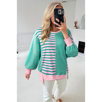 Green Stripe Mix Pattern Color Block Patchwork Side Slit Baggy Sweatshirt