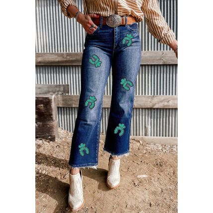 Sail Blue Turquoise Pattern Raw Edge Cropped High Waist Jeans