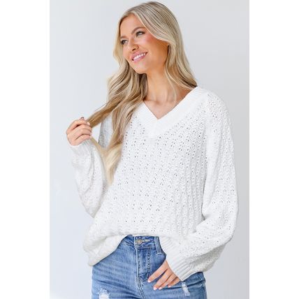 White Textured Knit Ribbed Edge V Neck Loose Sweater