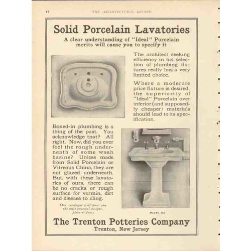 trenton potteries company 1912 solid porcelain lavatories vintage ad