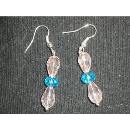 Unique two pink peardrop & baby blue crystal glass earrings