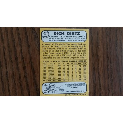 1968 Topps Card # 104 Dick Dietz Very Good (3) San Francisco Giants