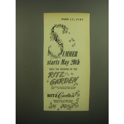 1947 Ritz Carlton Hotel Ad - Summer starts May 20th with Ritz Garden