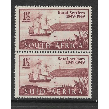 SOUTH AFRICA 1949 CENT ARRIVAL BRITISH 1 1/2d CLARET SETTLERS SG127 PAIR M MINT