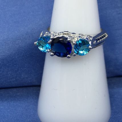 Ring 925 Sterling Silver Dark Blue Aqua Crystals #225 USA Seller