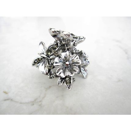 Small mini silver metal gray flower butterfly crystal hair claw clip bridal clip