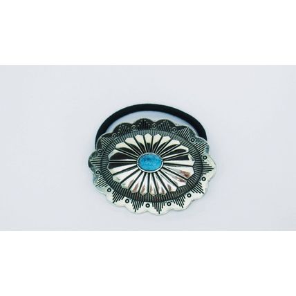 Oval turquoise blue stone metal native hair tie ponytail holder scrunchie