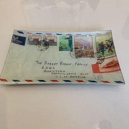 Heidi Rodale Glass Decoupage Tray "Postage Stamps" Robert Rodale Signed 2007 10"