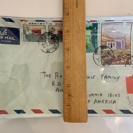 Heidi Rodale Glass Decoupage Tray "Postage Stamps" Robert Rodale Signed 2007 10"