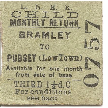 L.N.E.R. Edmondson Ticket - Bramley to Pudsey Low Town