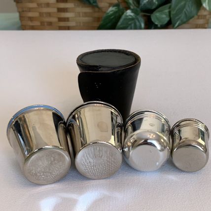 4 VINTAGE Metal German Nesting Shot Glasses Cups Set Black Leather Travel Case