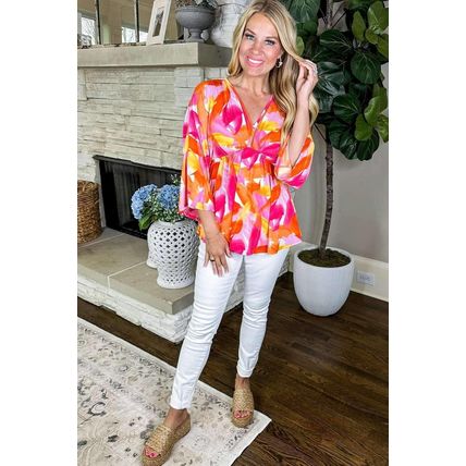 Orange Abstract Print 3/4 Sleeve V Neck Ruffled Babydoll Blouse