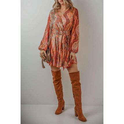 Orange Boho Paisley Print Long Sleeve Pleated Belted Mini Dress