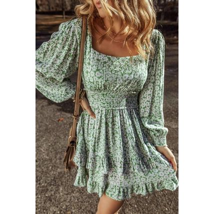 Green Floral Print Square Neck Shirred Waist Tiered Ruffled Mini Dress