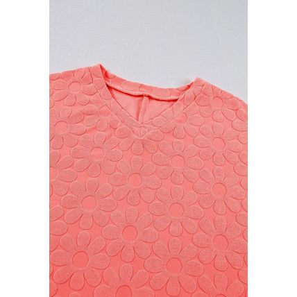 Apricot Pink Oversized Floral Jacquard V Neck Long Sleeve Top