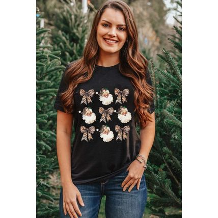 Black Santa Claus Leopard Bow Print Crew Neck Casual T Shirt